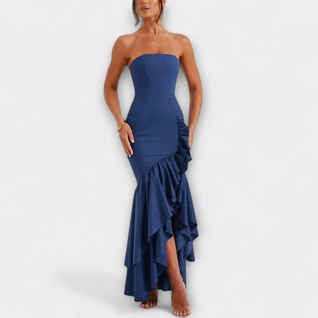 Zuri - Vestido maxí rosa off-shoulder con volantes