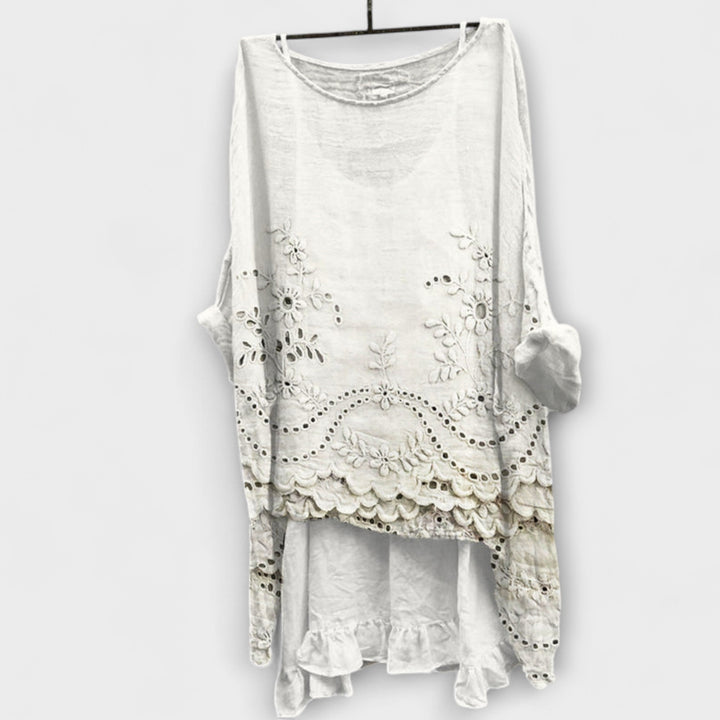 Ella - Blusa blanca con dobladillo de encaje de dos capas