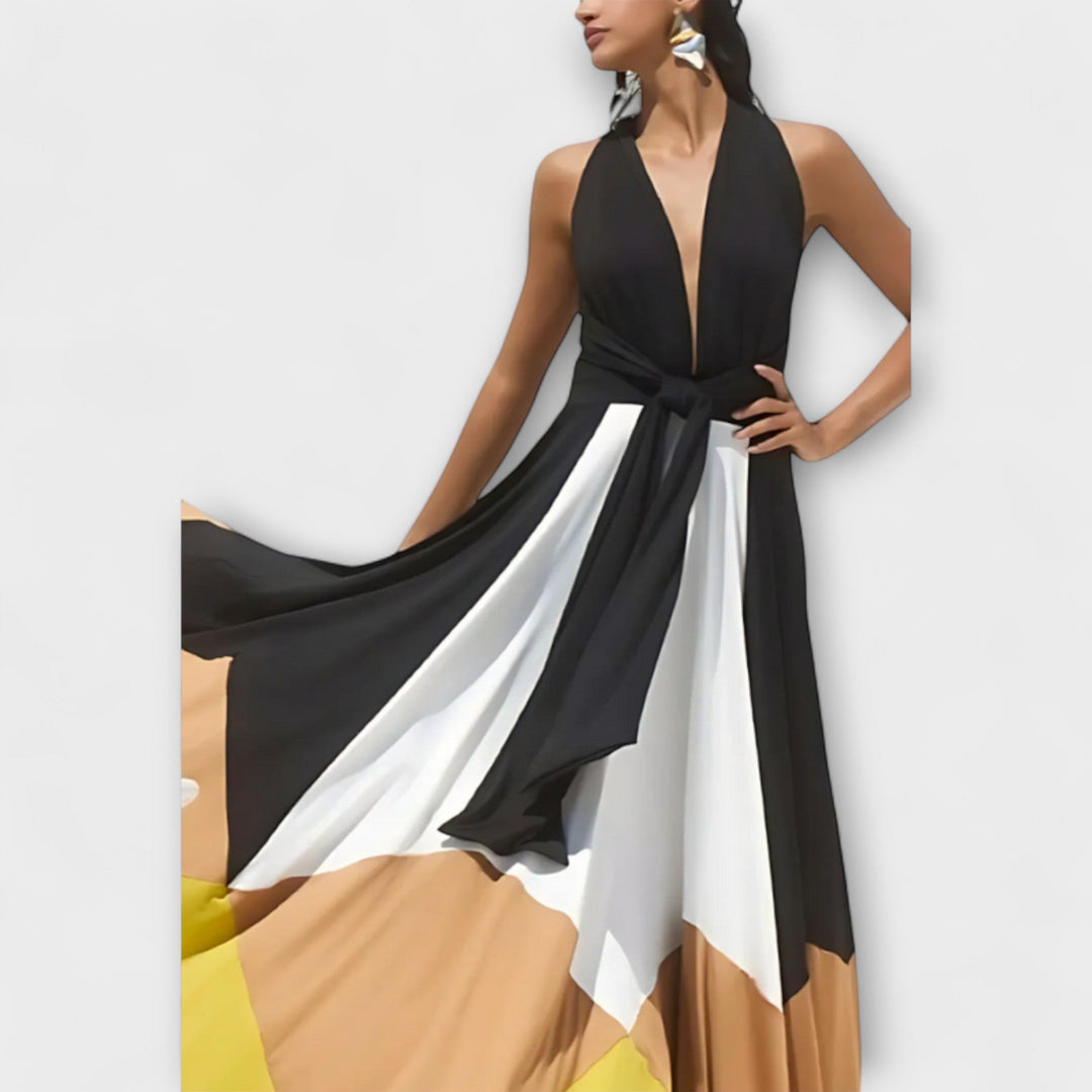 Nava - Maxivestido negro y crema con bloque de color