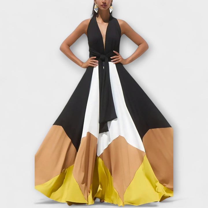 Nava - Maxivestido negro y crema con bloque de color