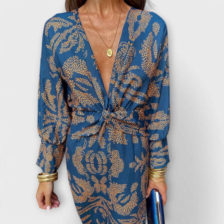 Oriana - Vestido azul con estampado dorado