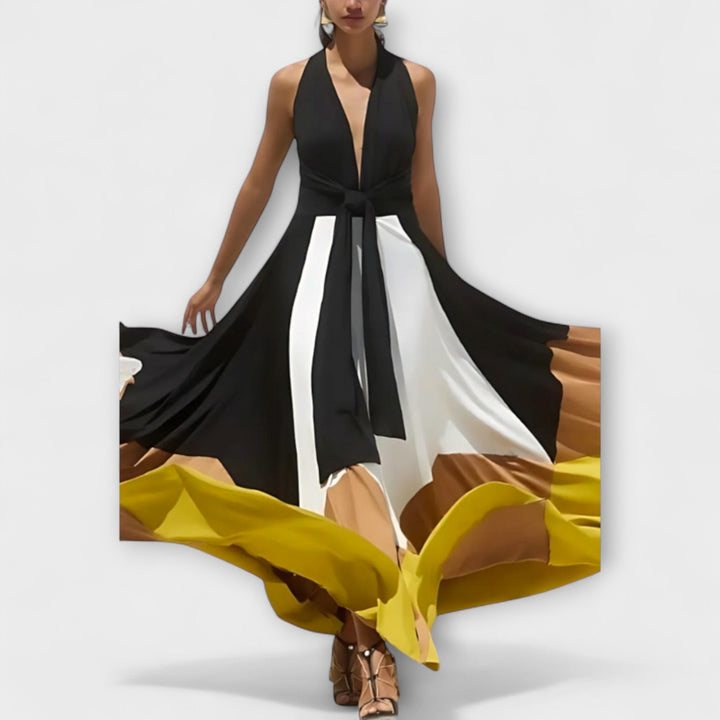 Nava - Maxivestido negro y crema con bloque de color