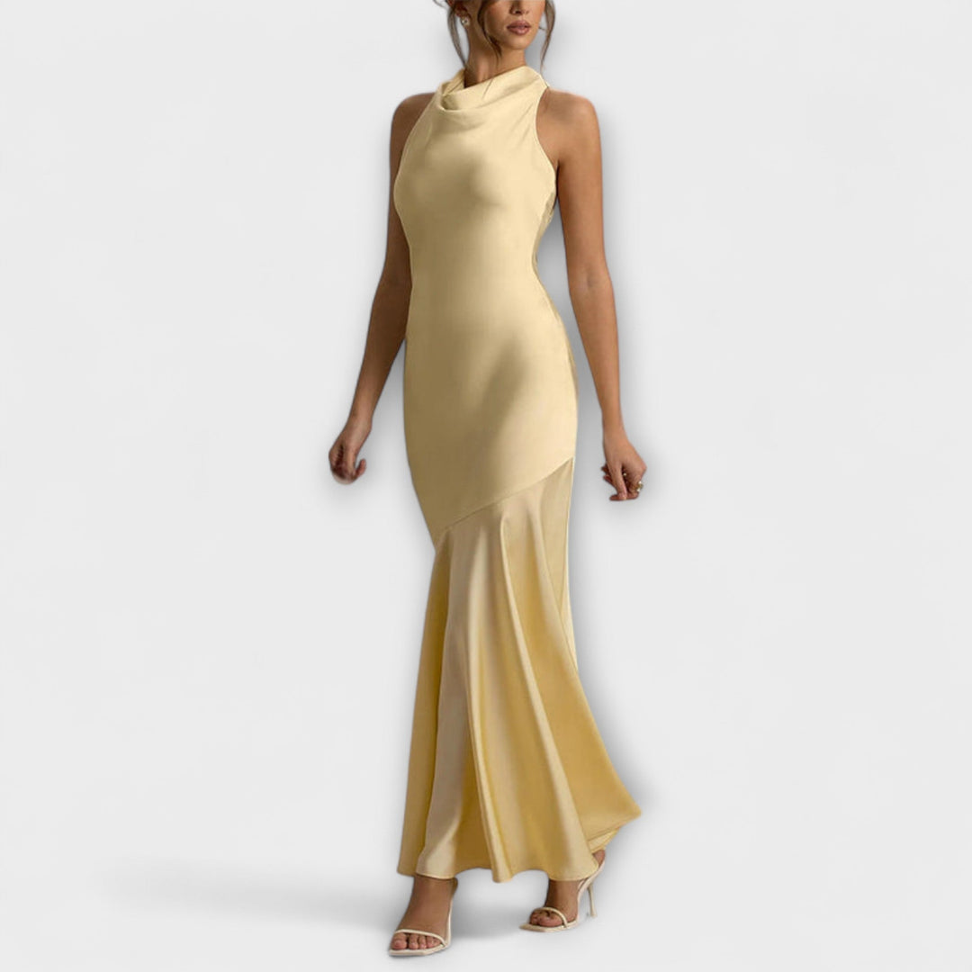 Lennon - Elegante vestido maxilargo de satén en verde oliva