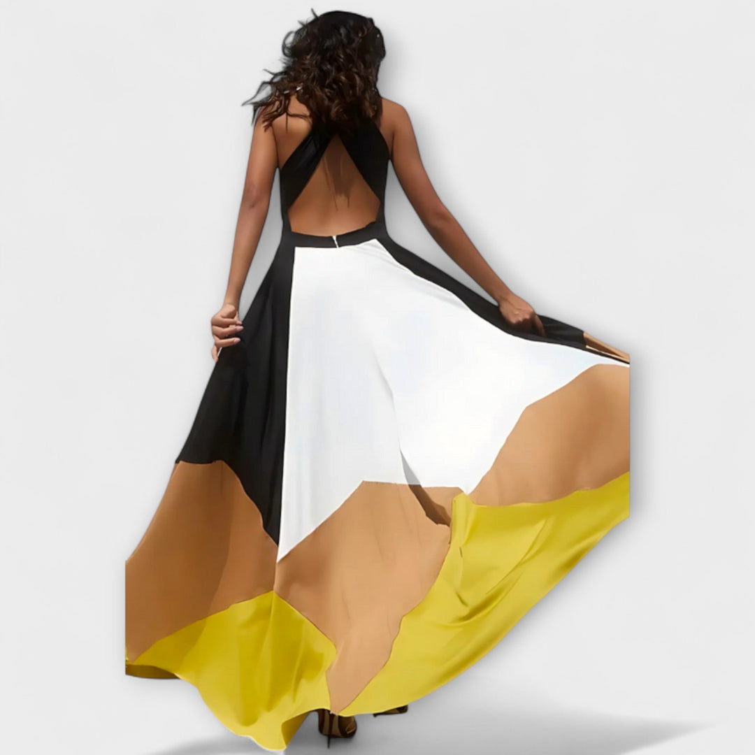 Nava - Maxivestido negro y crema con bloque de color