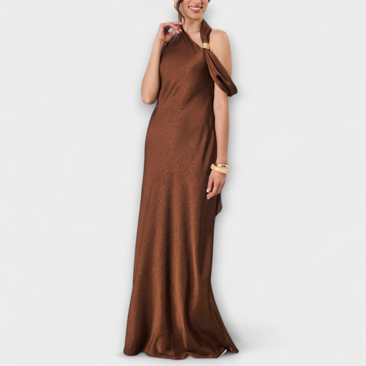 Azura - Vestido largo de satén marrón con un solo hombro