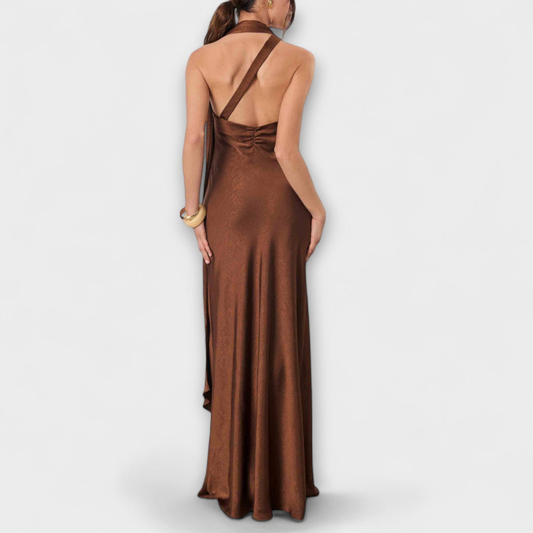Azura - Vestido largo de satén marrón con un solo hombro