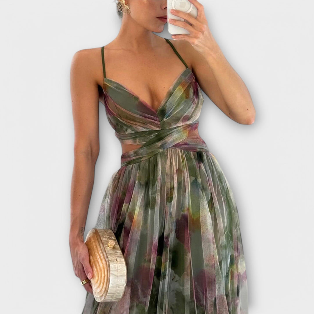 Annai - Maxivestido de malla rosa con estampado de flores