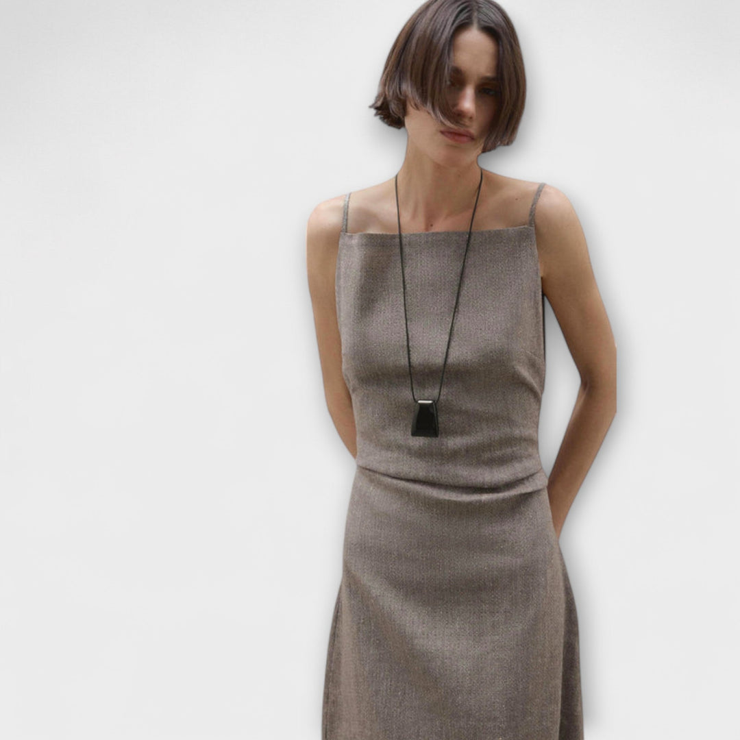 Clara - Vestido maxi fluido de lino en gris marrón