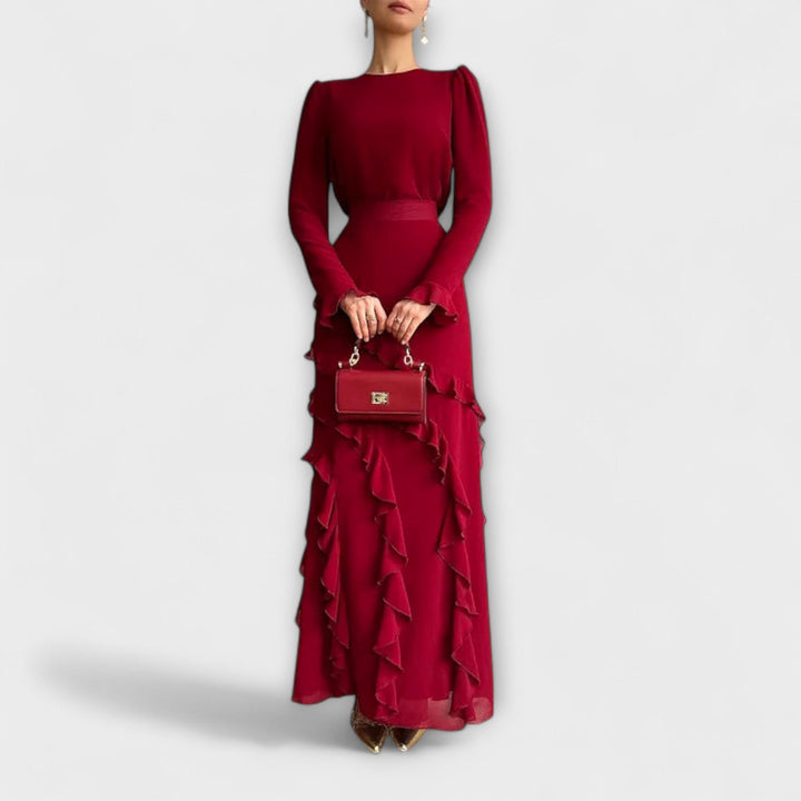 Fallon - Vestido largo negro con volantes en 3D