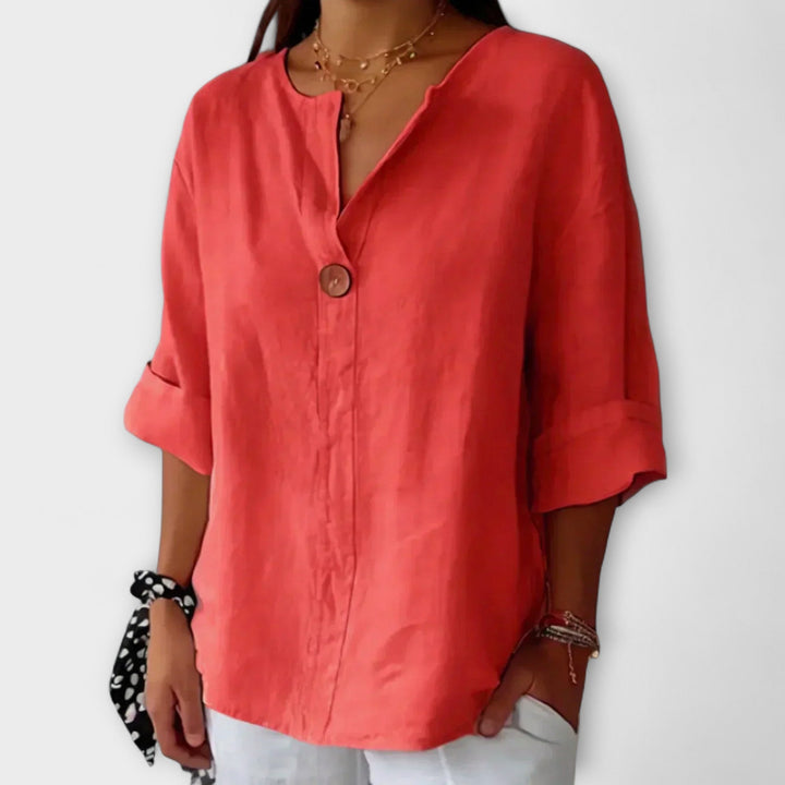 Nicole - Blusa de lino beige con escote en V