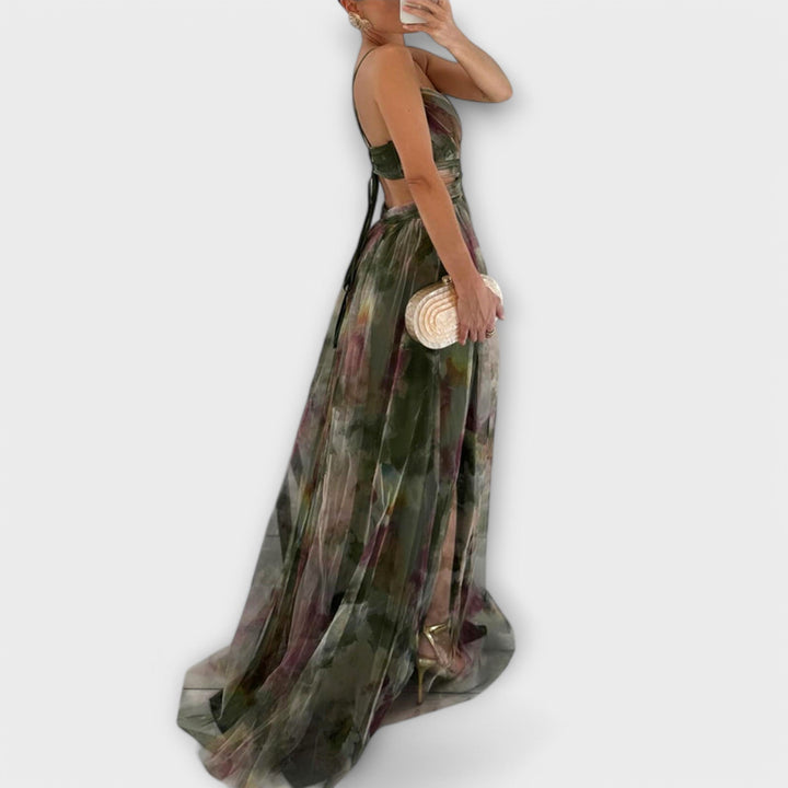 Annai - Maxivestido de malla rosa con estampado de flores