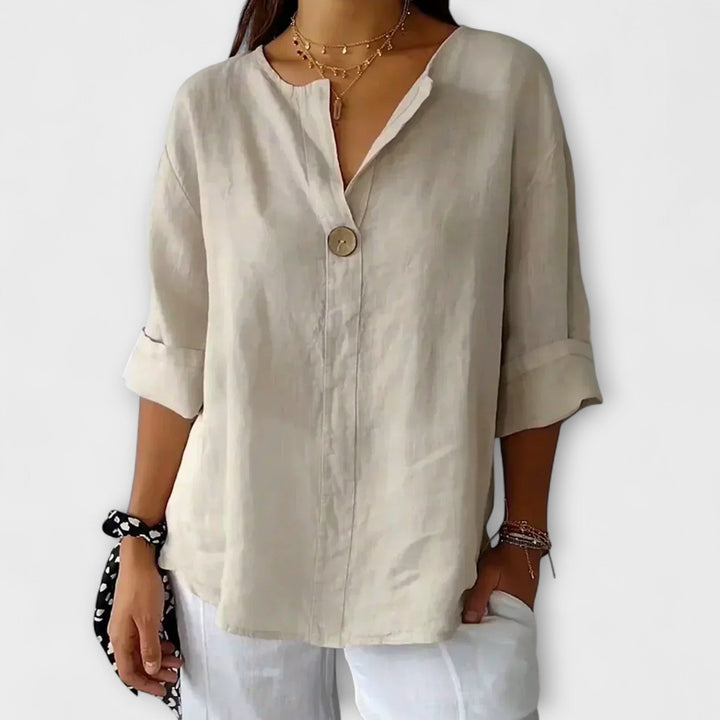 Nicole - Blusa de lino beige con escote en V