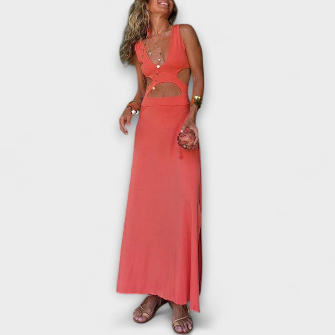 Ella - Vestido largo de tie-dye amarillo con corte lateral