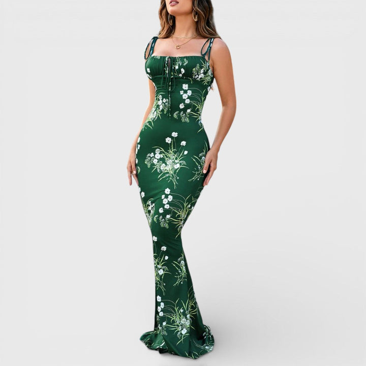Thalia - Vestido Maxí Verde Oscuro con Estampado Floral