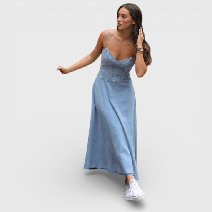 Lux - Vestido de denim sin tirantes en azul claro