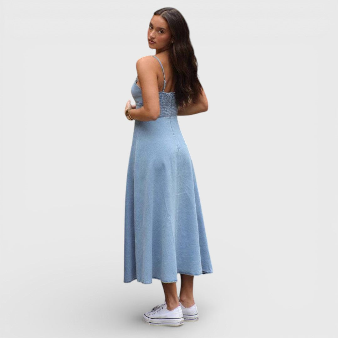 Lux - Vestido de denim sin tirantes en azul claro