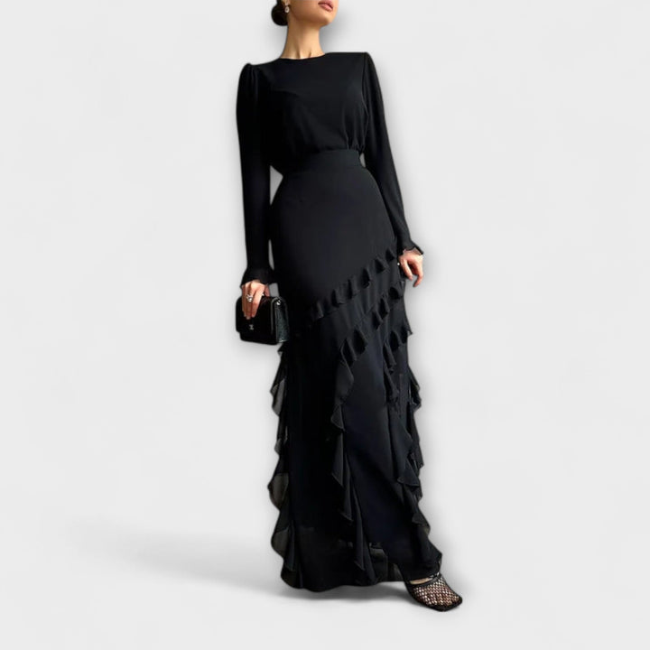 Fallon - Vestido largo negro con volantes en 3D