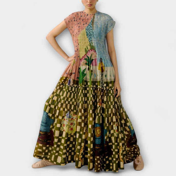 Amara - Vestido maxi plisado con estampado animal