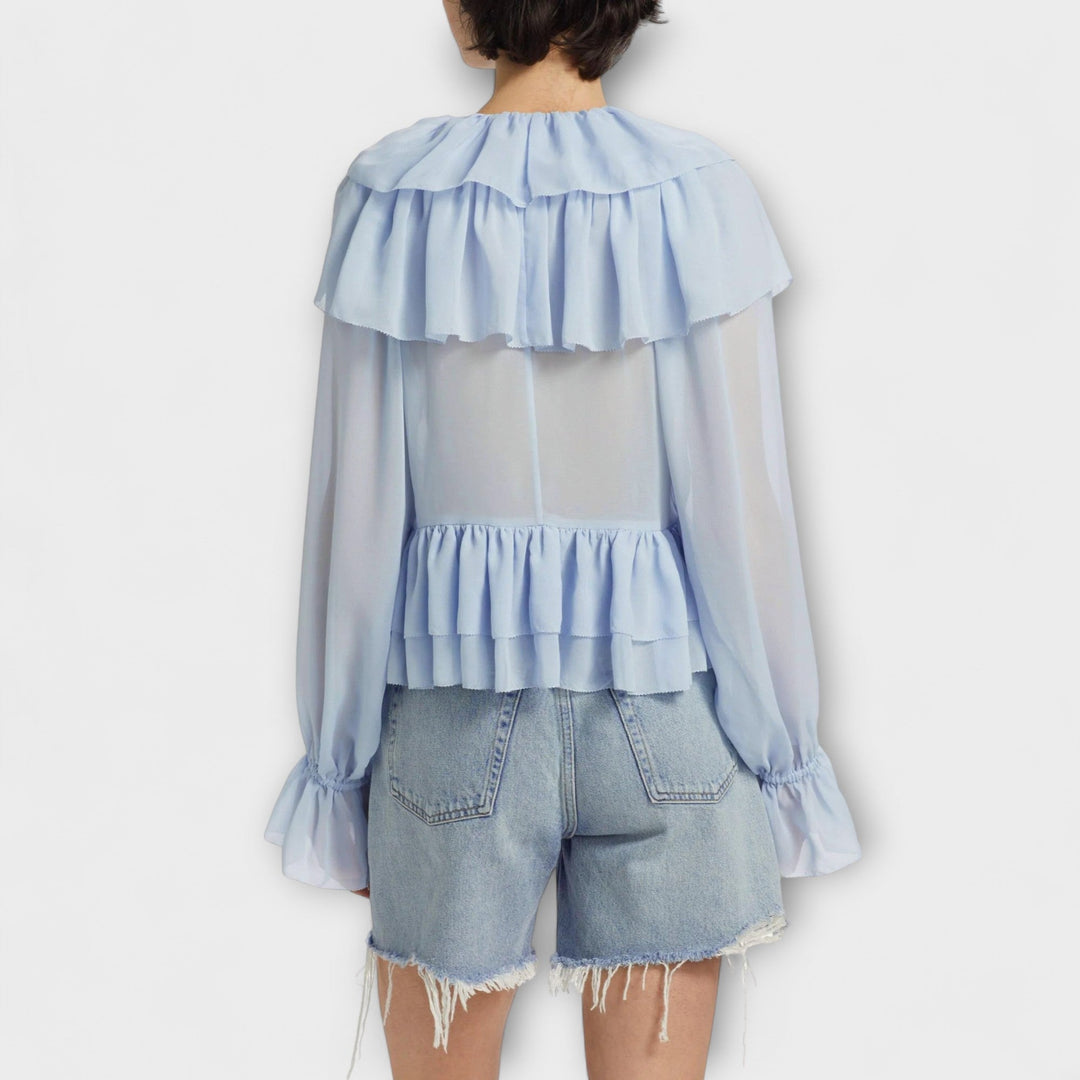Martha - Camisa de volantes azul claro con rayas