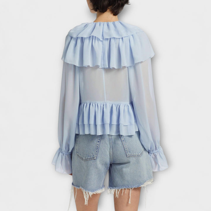 Martha - Camisa de volantes azul claro con rayas