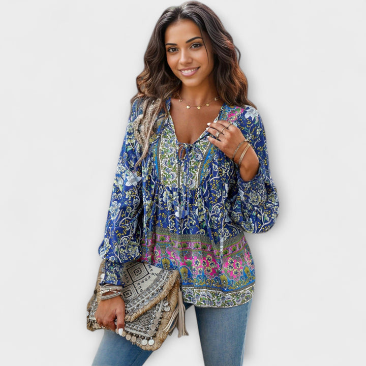 Melodie - Top bohemio con escote en V y lazo frontal