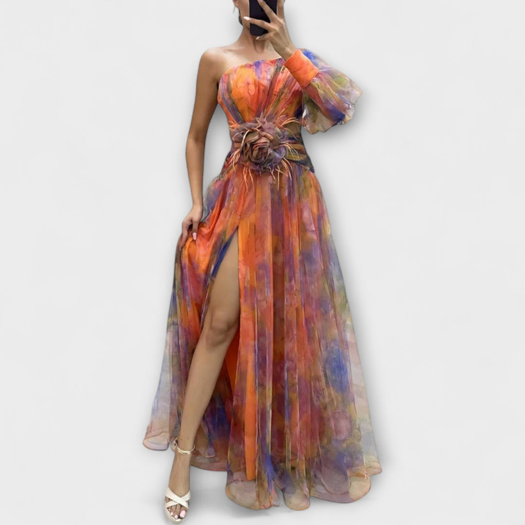Minna - Vestido maxi asimétrico lila con estampado atractivo