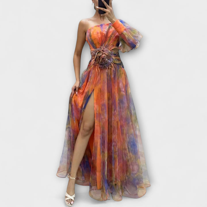 Minna - Vestido maxi asimétrico lila con estampado atractivo