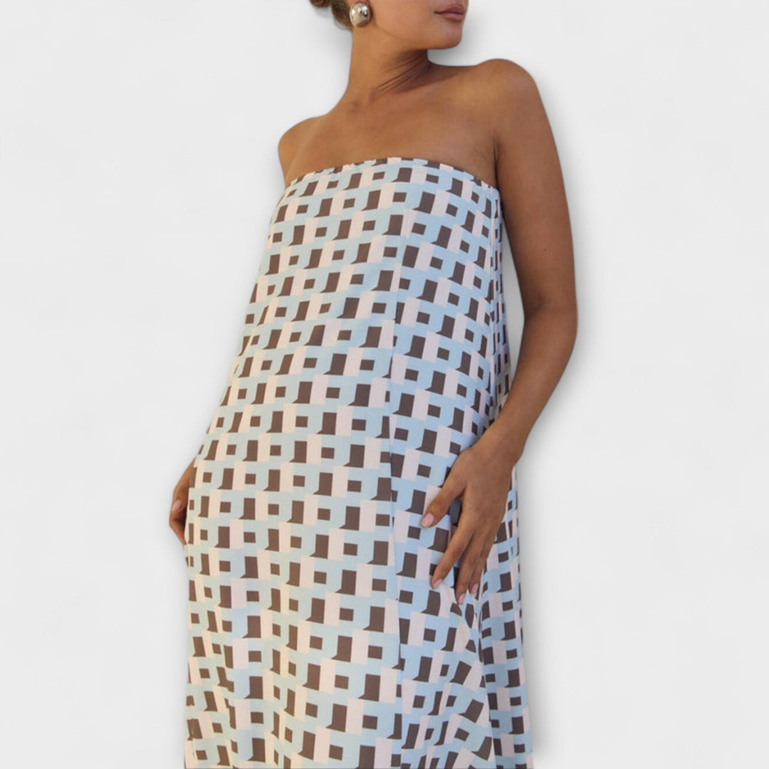 Hasel - Vestido Maxí Beige Off-Shoulder con Estampado de Puntos