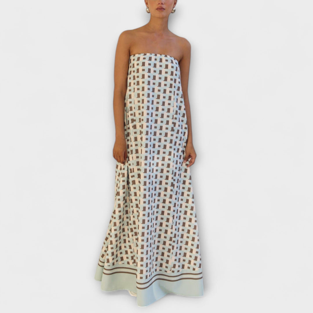 Hasel - Vestido Maxí Beige Off-Shoulder con Estampado de Puntos