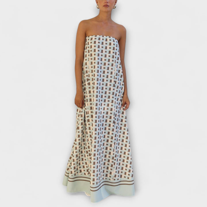Hasel - Vestido Maxí Beige Off-Shoulder con Estampado de Puntos