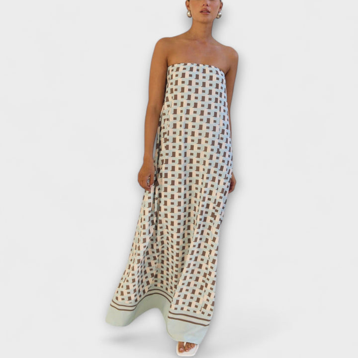 Hasel - Vestido Maxí Beige Off-Shoulder con Estampado de Puntos