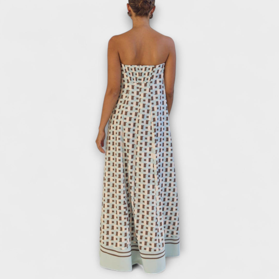 Hasel - Vestido Maxí Beige Off-Shoulder con Estampado de Puntos