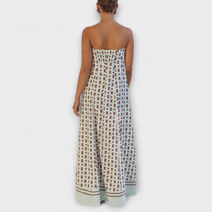 Hasel - Vestido Maxí Beige Off-Shoulder con Estampado de Puntos