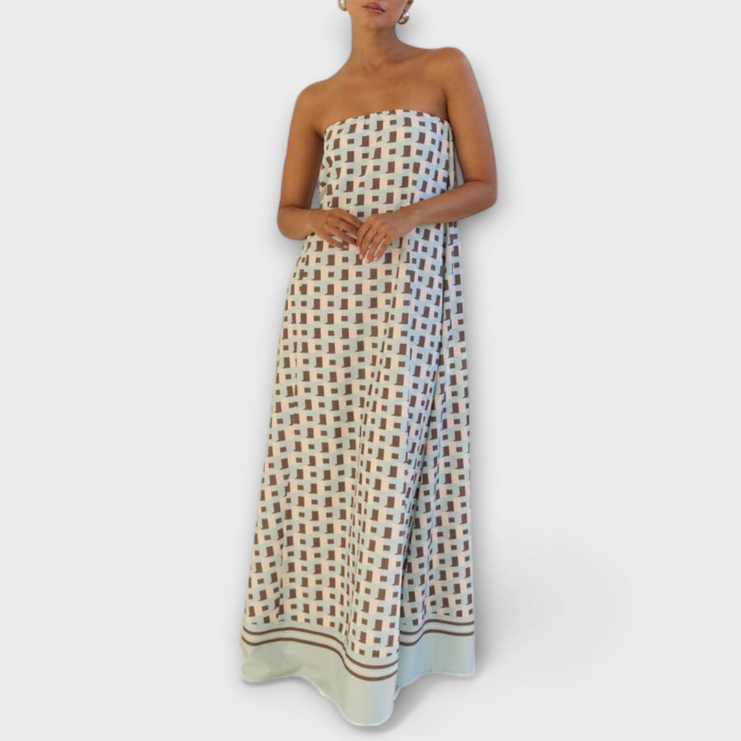 Hasel - Vestido Maxí Beige Off-Shoulder con Estampado de Puntos