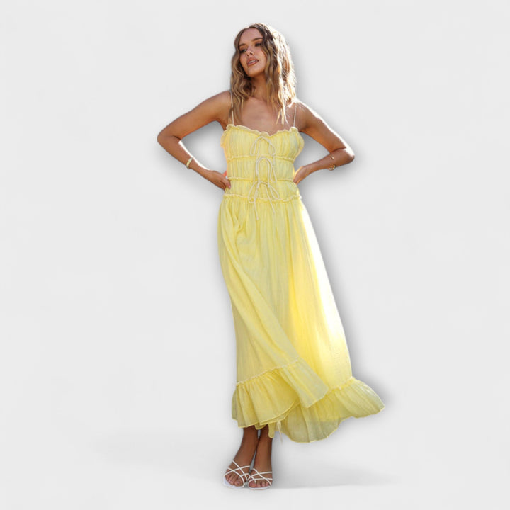 Celine - Vestido maxi amarillo con volantes