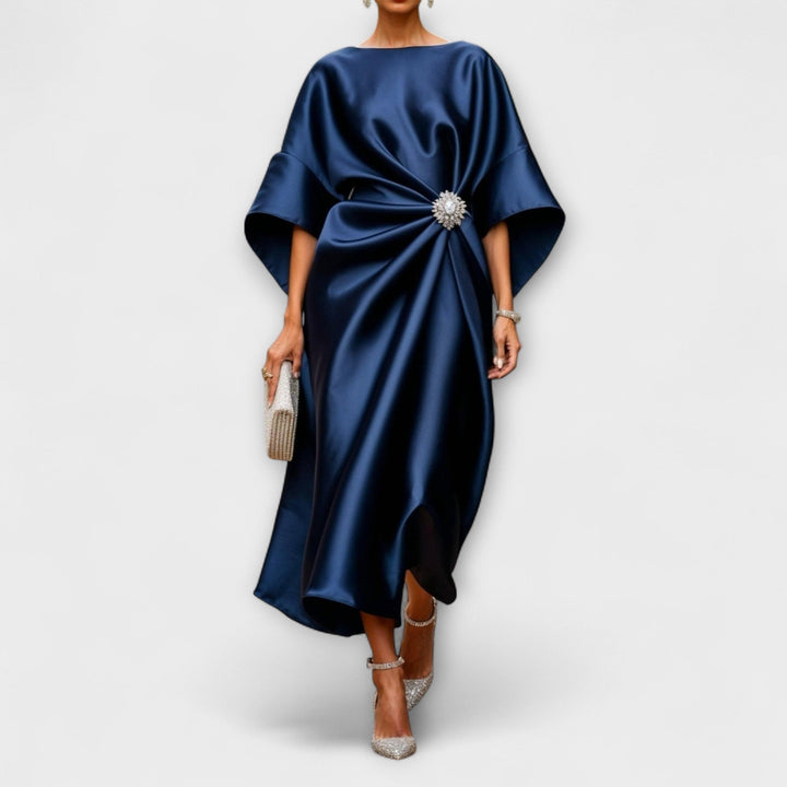 Luxe - Vestido largo de satén azul cielo brillante