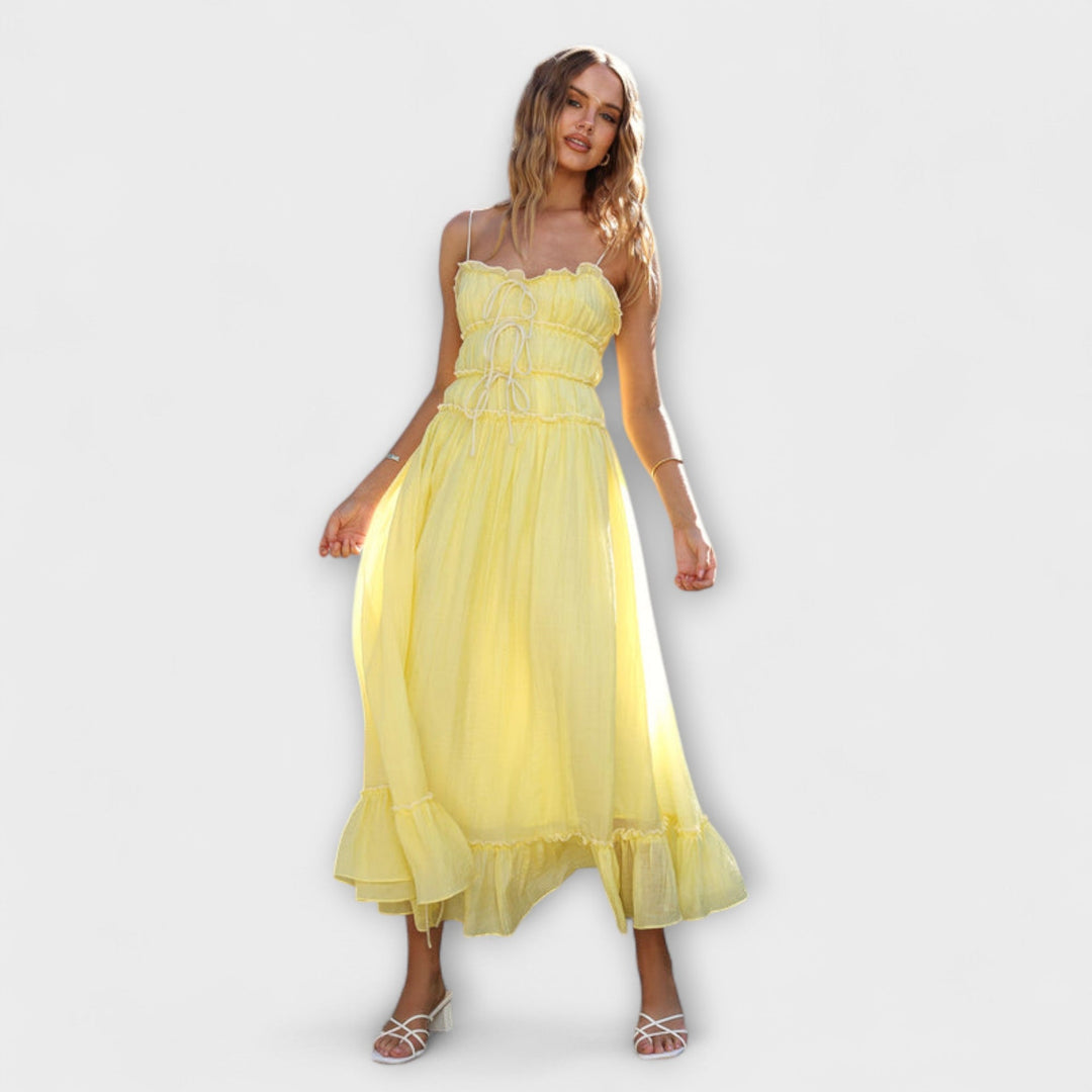Celine - Vestido maxi amarillo con volantes