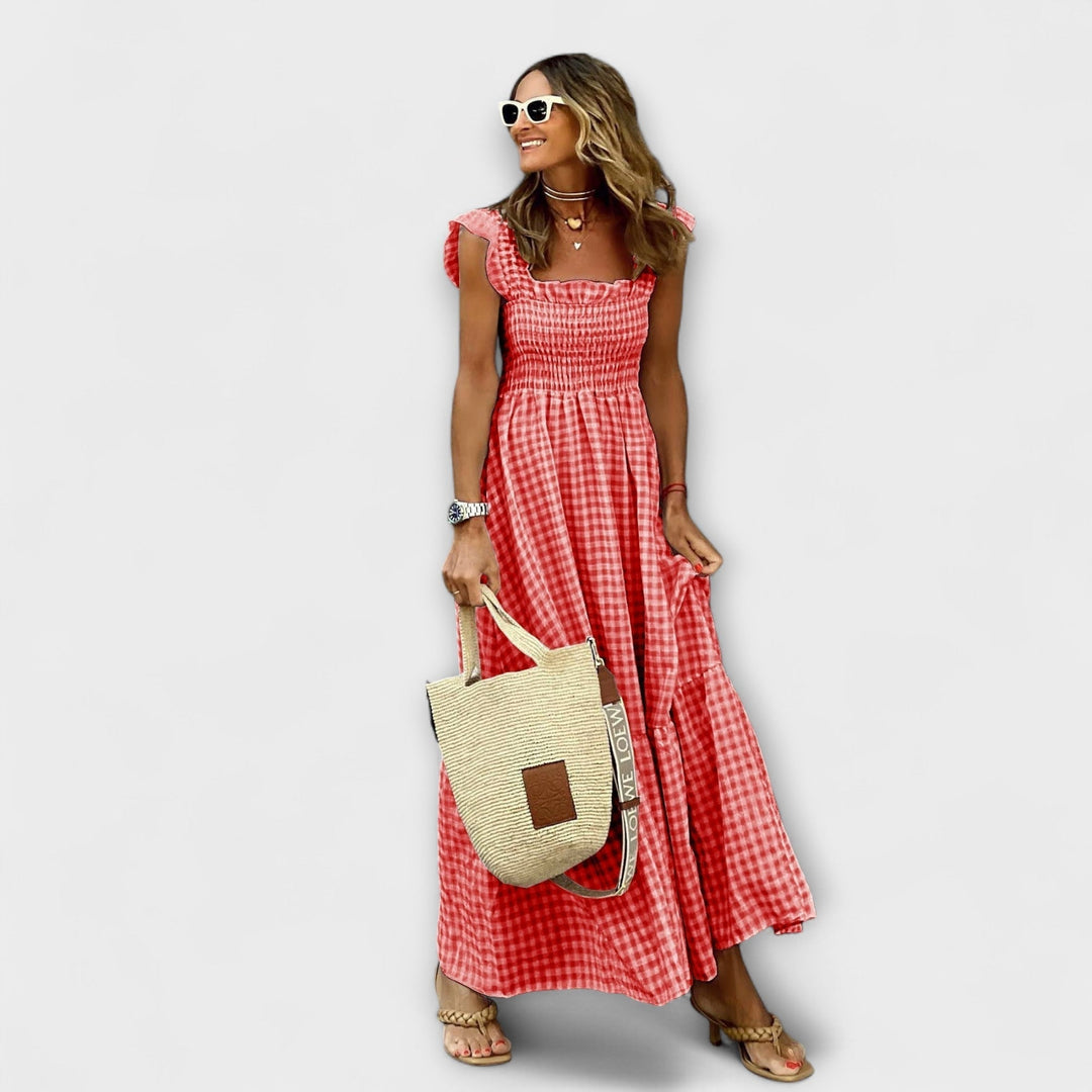 Vestido maxi blanco a cuadros con mangas de volantes