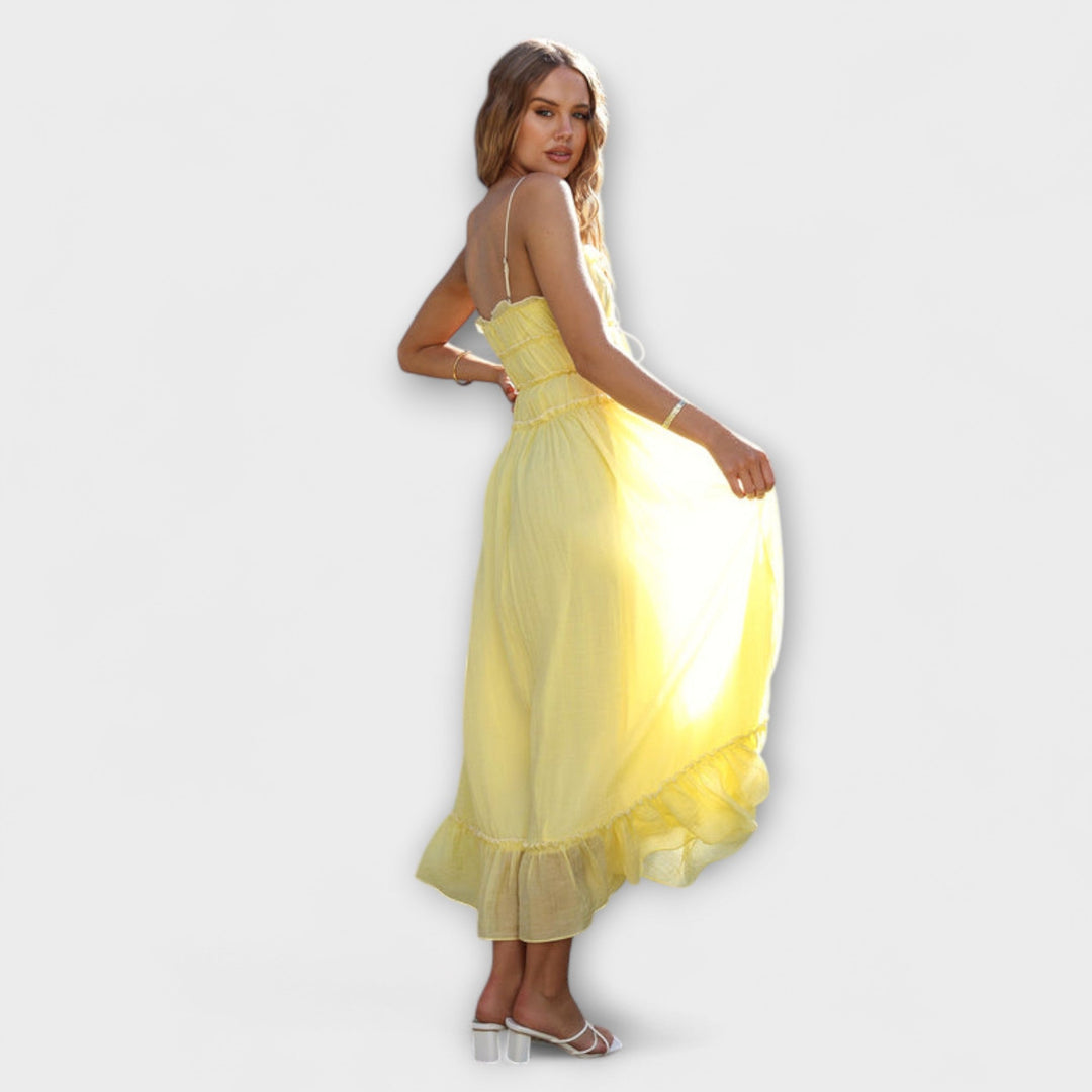 Celine - Vestido maxi amarillo con volantes