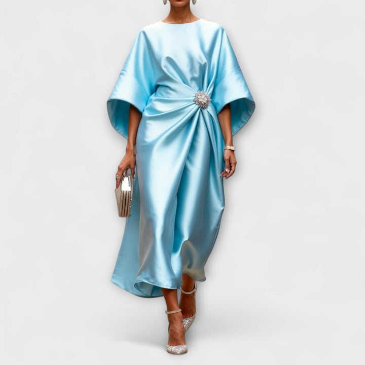 Luxe - Vestido largo de satén azul cielo brillante