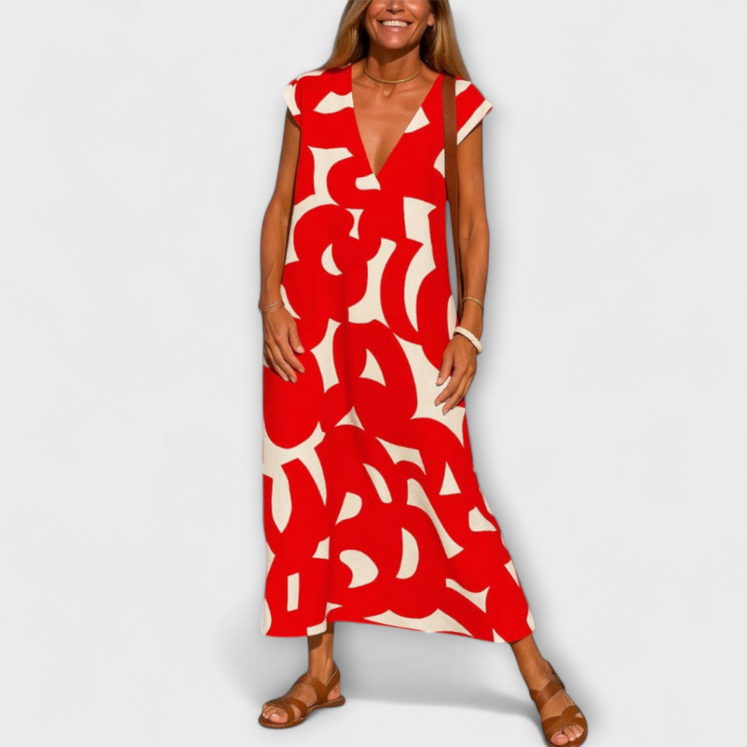 Linae - Vestido blanco y negro con escote en V