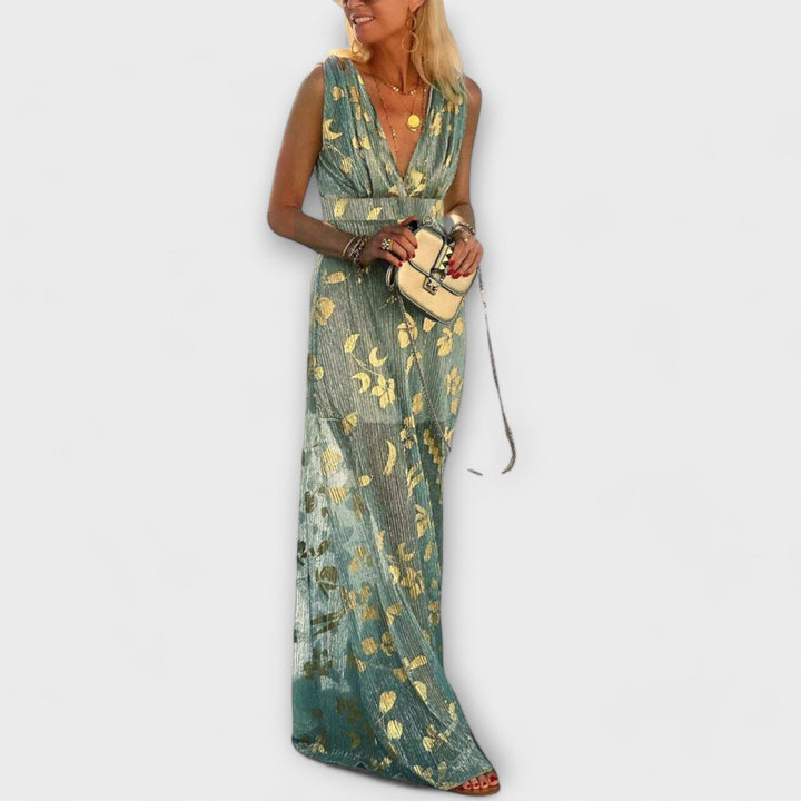 Vestido fluido verde - Escote en V con lentejuelas