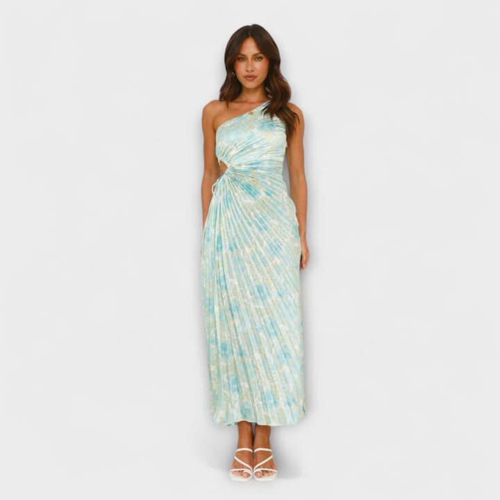 Sienna - Vestido maxí azul con cut-out y estampado de acuarela