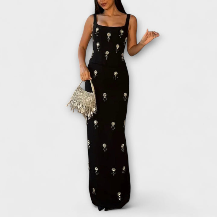 Avalon - Conjunto de perlas negras con blusa y falda