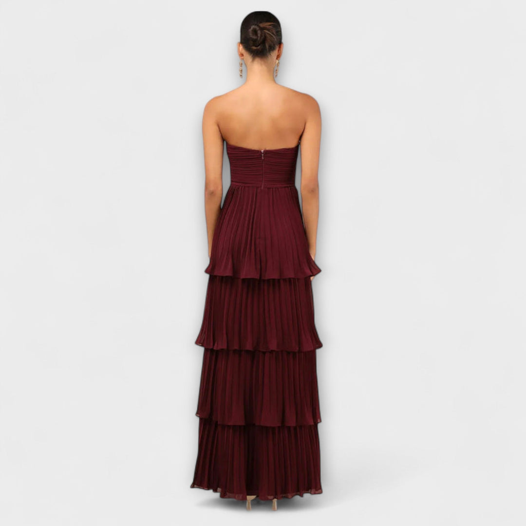 Lorena - Vestido maxi sin tirantes con volantes burdeos