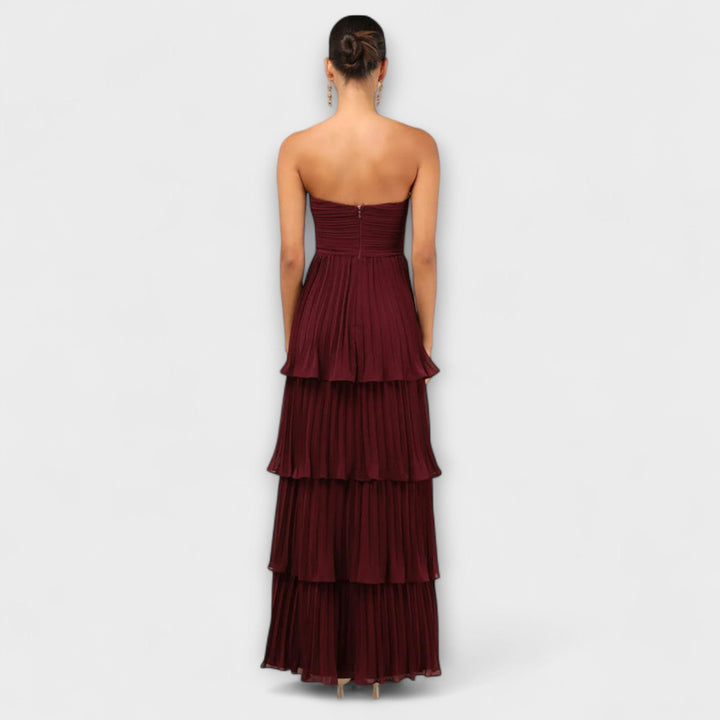 Lorena - Vestido maxi sin tirantes con volantes burdeos