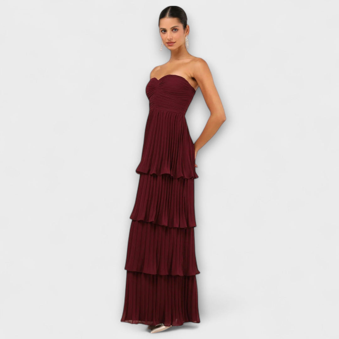 Lorena - Vestido maxi sin tirantes con volantes burdeos