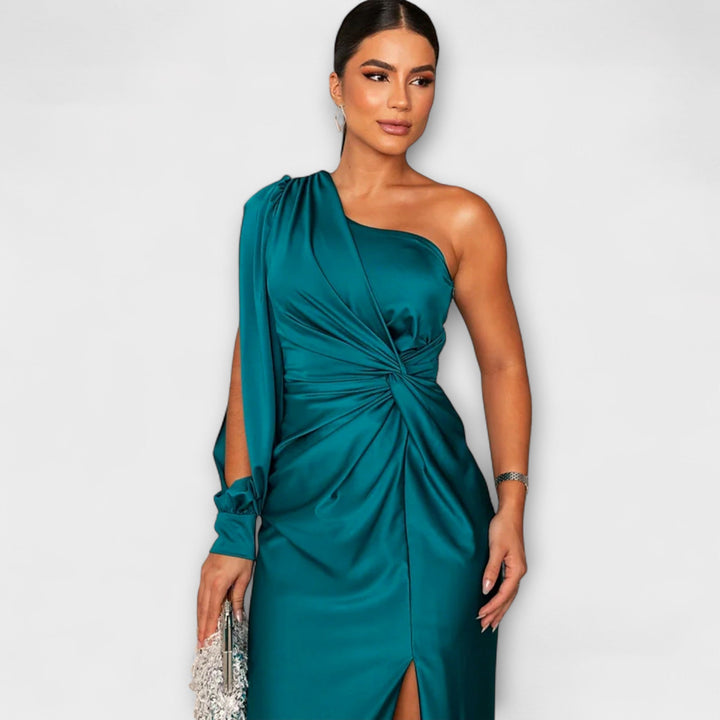 Elisa - Vestido de un solo hombro en color petróleo con fruncidos