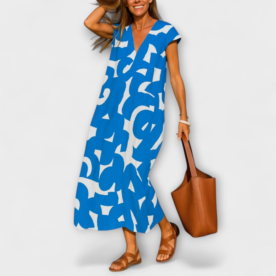 Linae - Vestido blanco y negro con escote en V