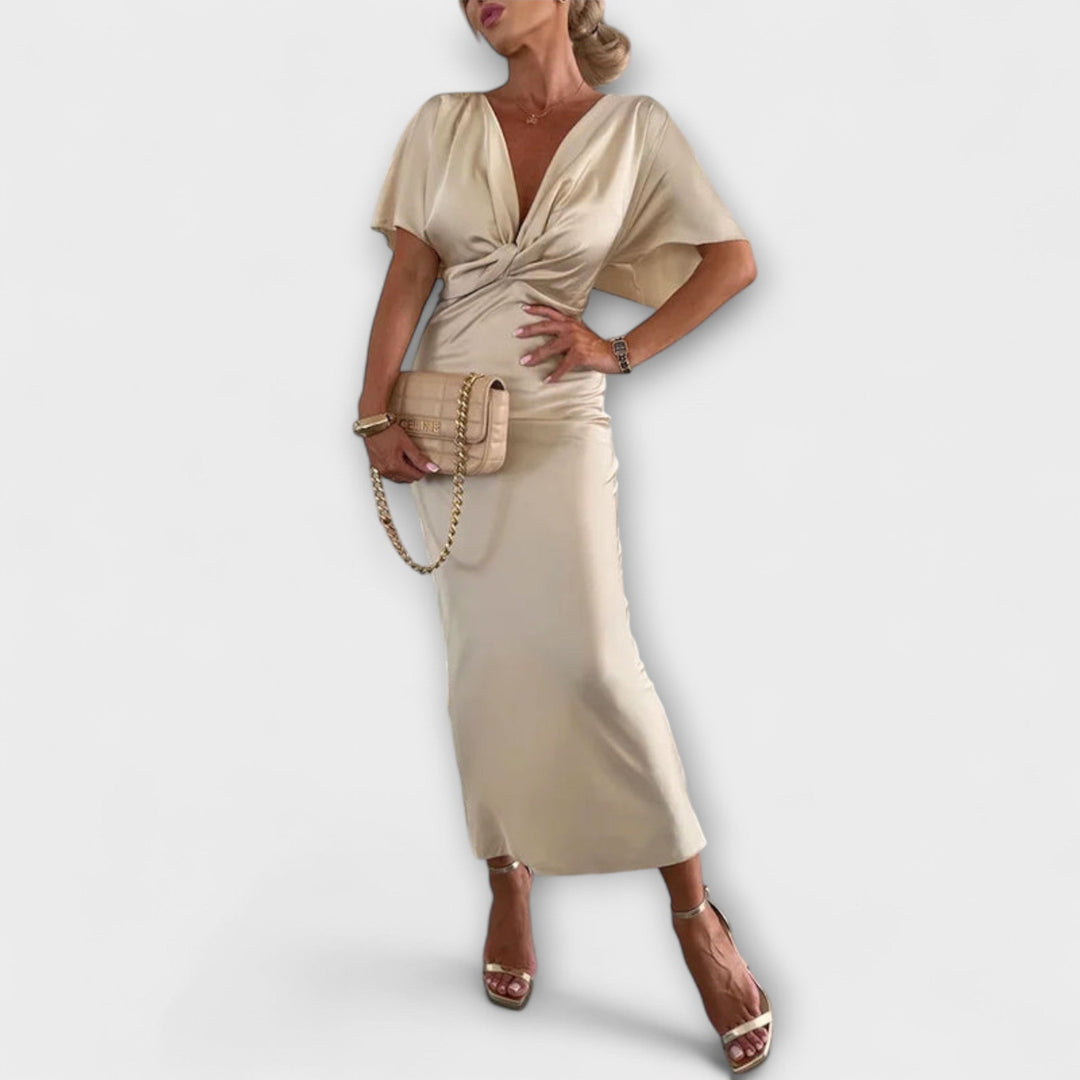 Sable - Vestido largo de satén negro con detalle de nudo